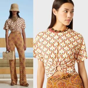 Paco Rabanne | Tapestry Gathered U-Ring Printed T-Shirt Size 34 / US 2 / XS